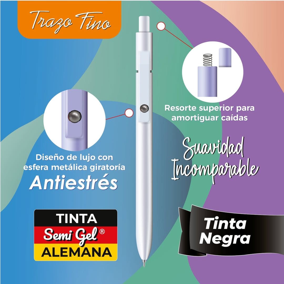 Bolígrafo Antiestres Semi Gel 0.7 mm Retráctil estuche por 12 unidades OE-054F
