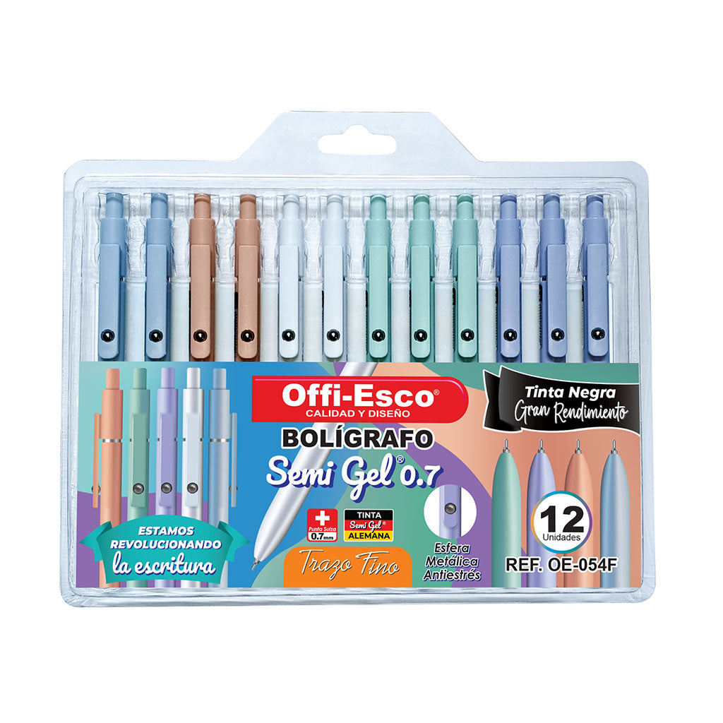 Bolígrafo Antiestres Semi Gel 0.7 mm Retráctil estuche por 12 unidades OE-054F