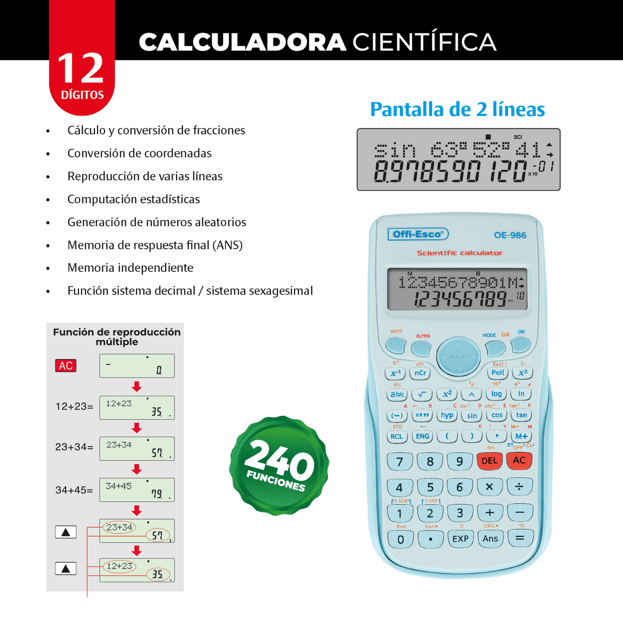 Calculadora Científica Mediana Teclado 10+2 Dígitos OE-986