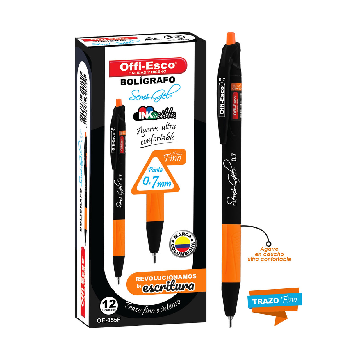 Bolígrafo Tinta Negra Semi Gel 0.7 mm Retráctil caja por 12 unidades OE-055F