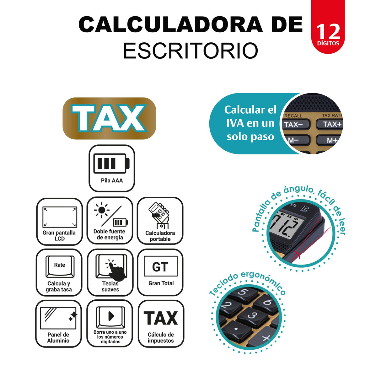 Calculadora Grande 12 Dígitos Panel de Aluminio OE-974