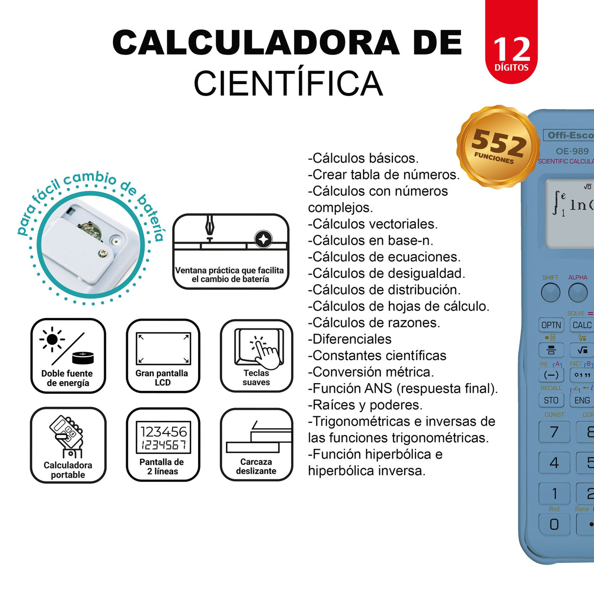 Calculadora Científica Pro 552 Funciones Mediana 10+2 Dígitos OE-989