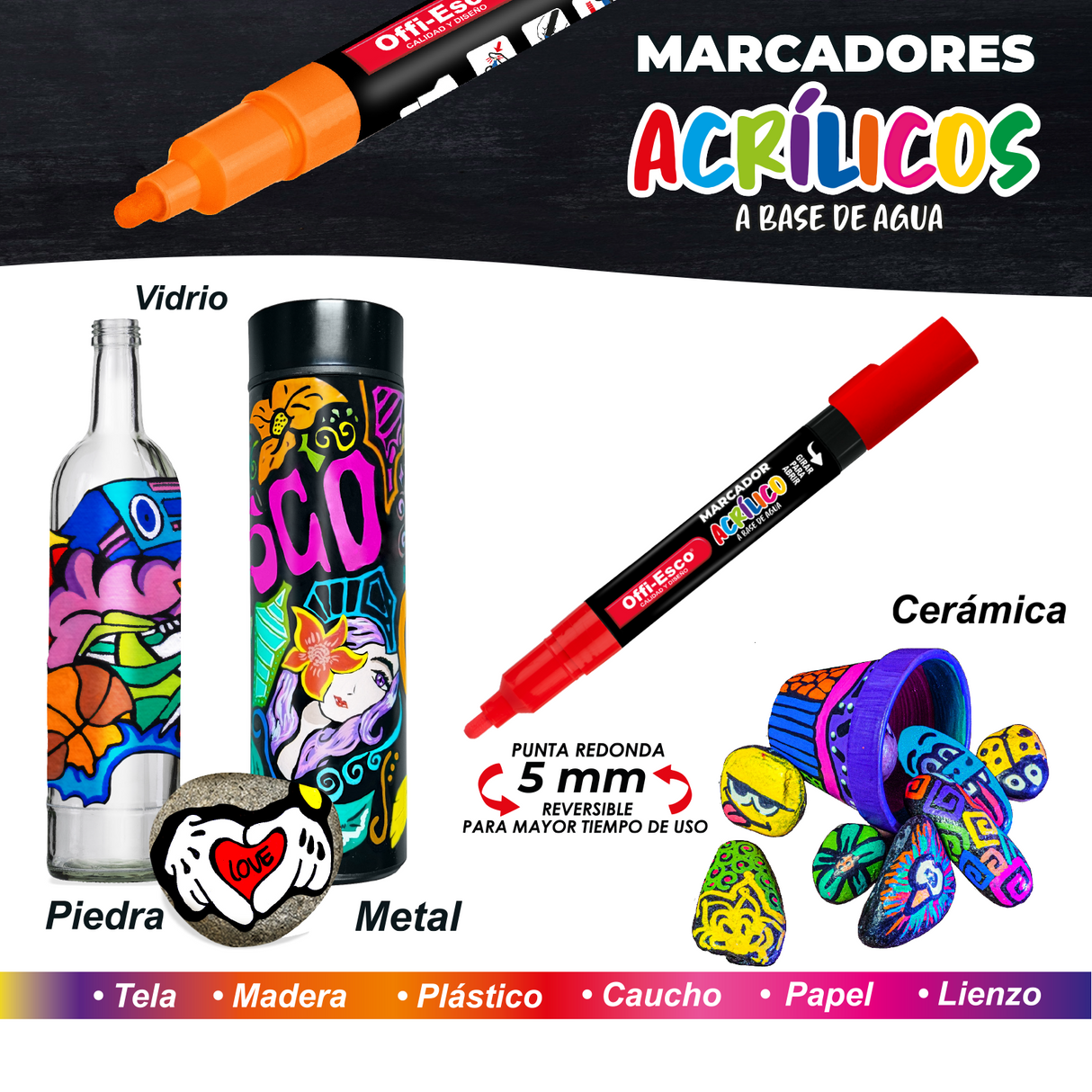 Marcador Acrílico Punta Redonda 5 mm Estuche OE-586