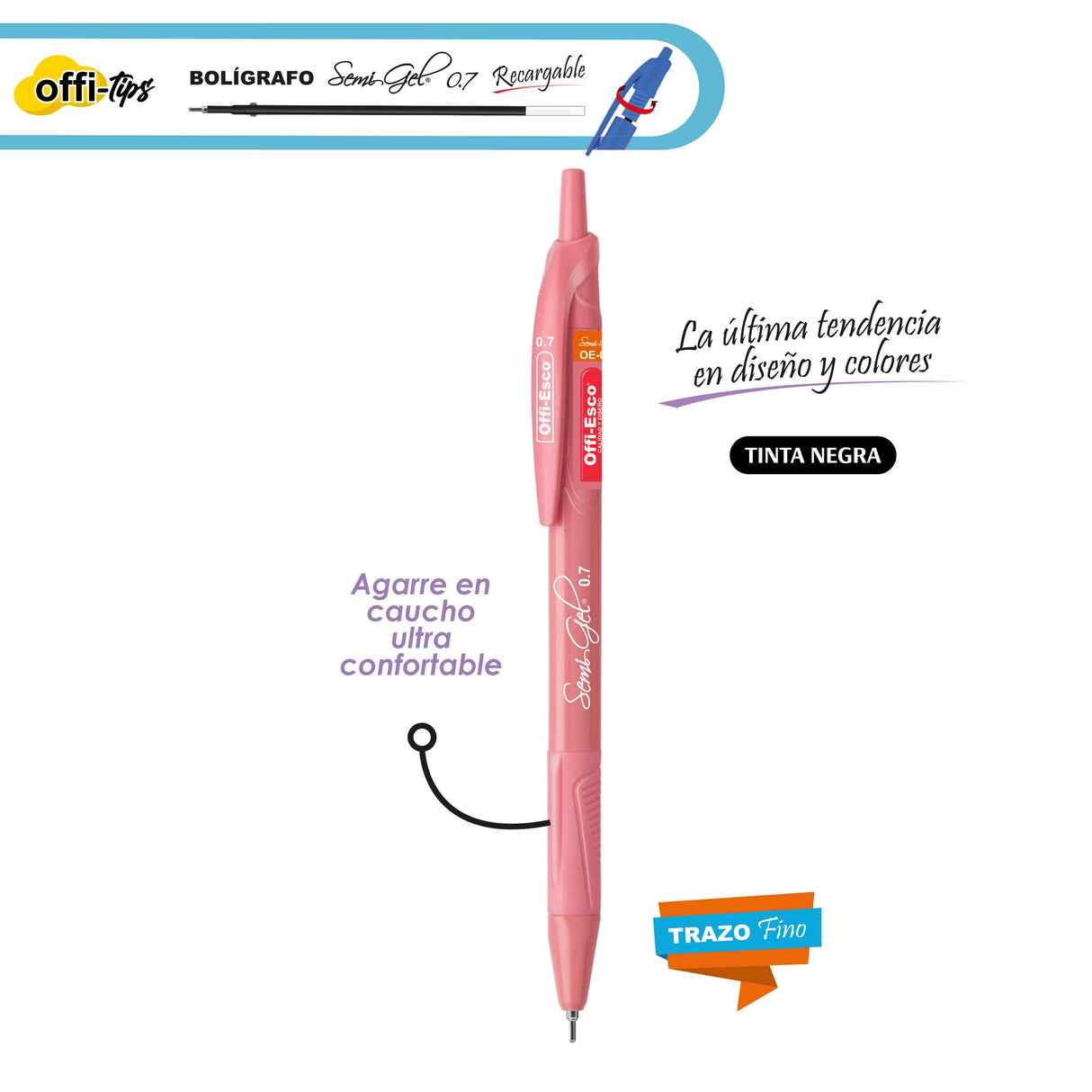 Bolígrafo Color Pastel Tinta Negra Semi Gel 0.7 mm Retráctil caja por 12 unidades OE-055F
